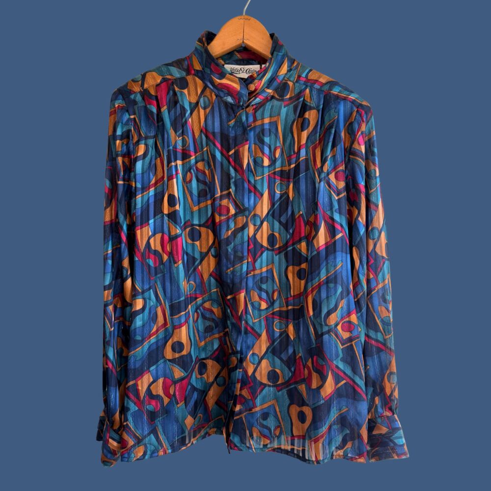 Vintage 1970s Yves St. Clair Geometric Print Sheer Blouse